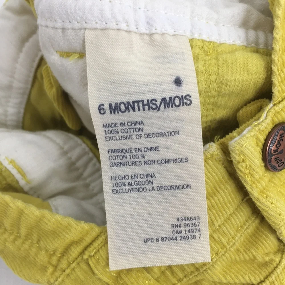Oshkosh B’Gosh 1990’s Vintage Yellow Corduroy Overalls Kids Size 6 Months